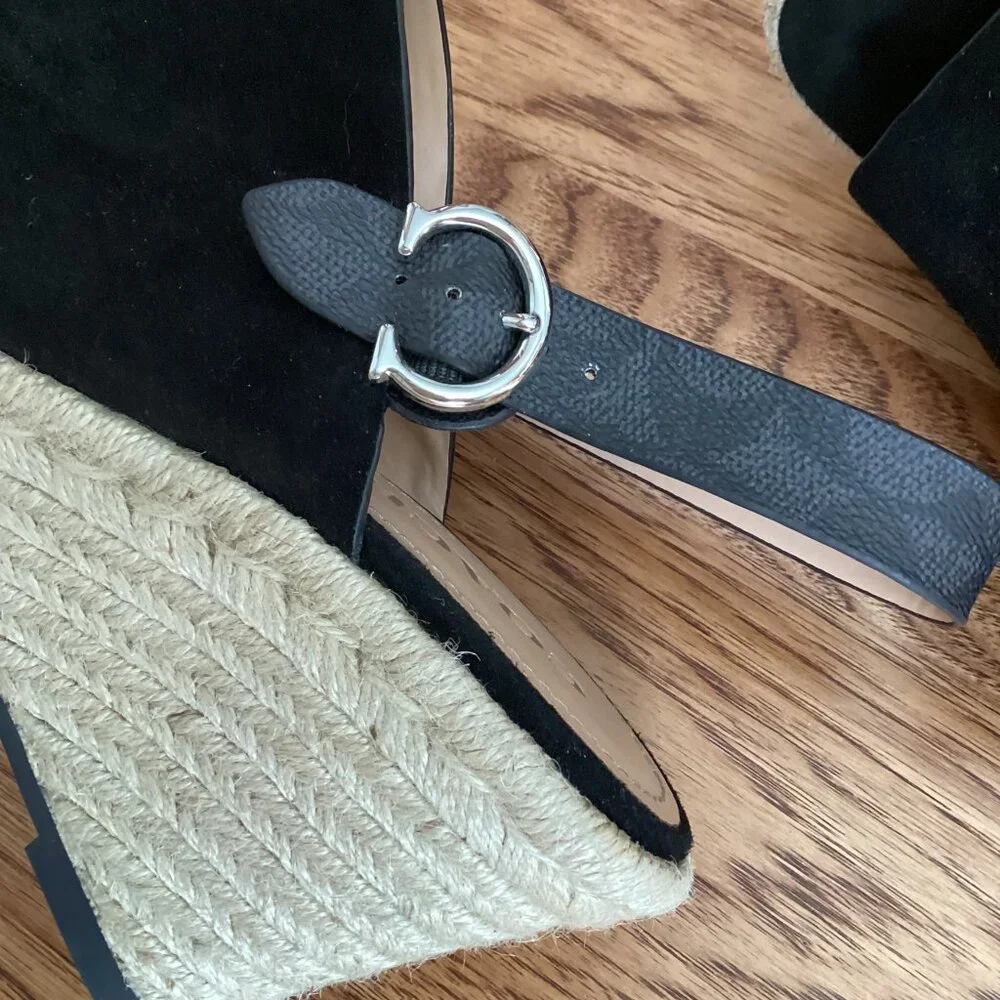 NEW Coach Poppy Espadrille Wedge in Black Suede & Signature Canvas 9 Logo Buckle
